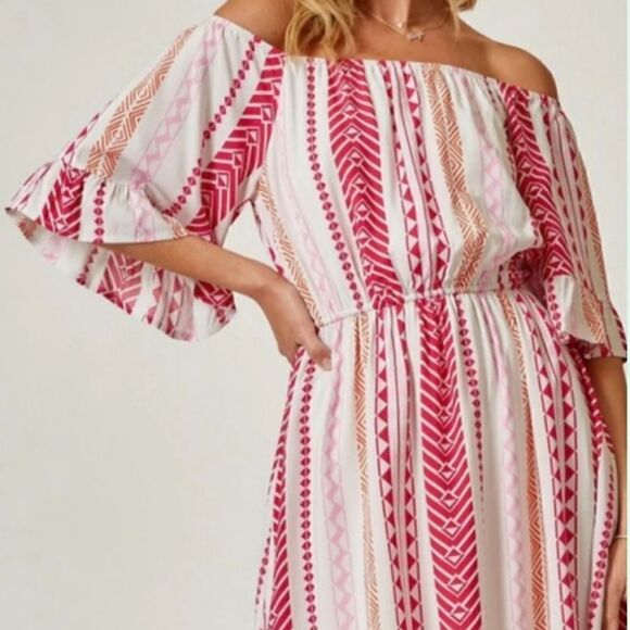 Emily Wonder NWT Pink Ruffle Elastic Geometric Print Casual Dress 1X - Picture 4 of 11